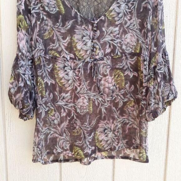 BCBGMaxAzria Top Sheer Silk Botanical Peasant Balloon Sleeve Brown Pink Sz S - Picture 7 of 13